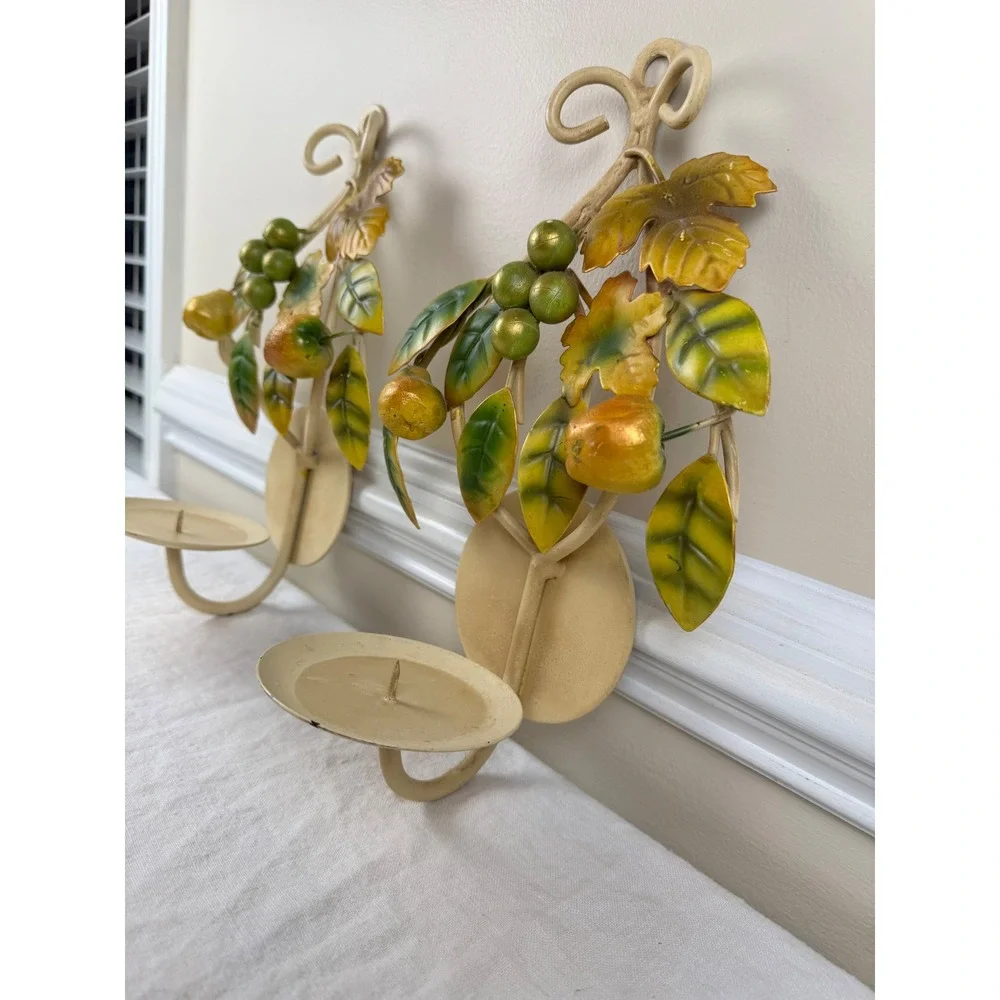Vintage Italian Wall Sconce Set Cream Wrought Iron Pear Leaf Candle Holders
